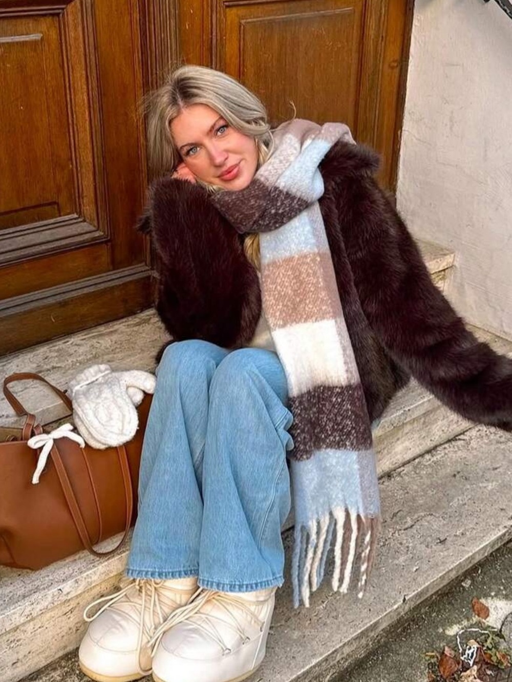 1pc Women's Street Style Christmas Rainbow Plaid Scarf, Autumn/Winter